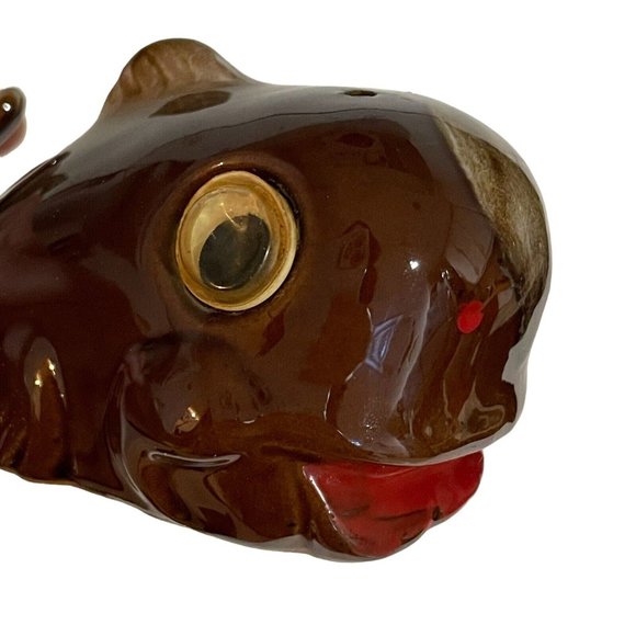Vintage 1950s Redware Pottery Whales Googly Eyes Japan Brown Drip Salt Pepper - Picture 10 of 11